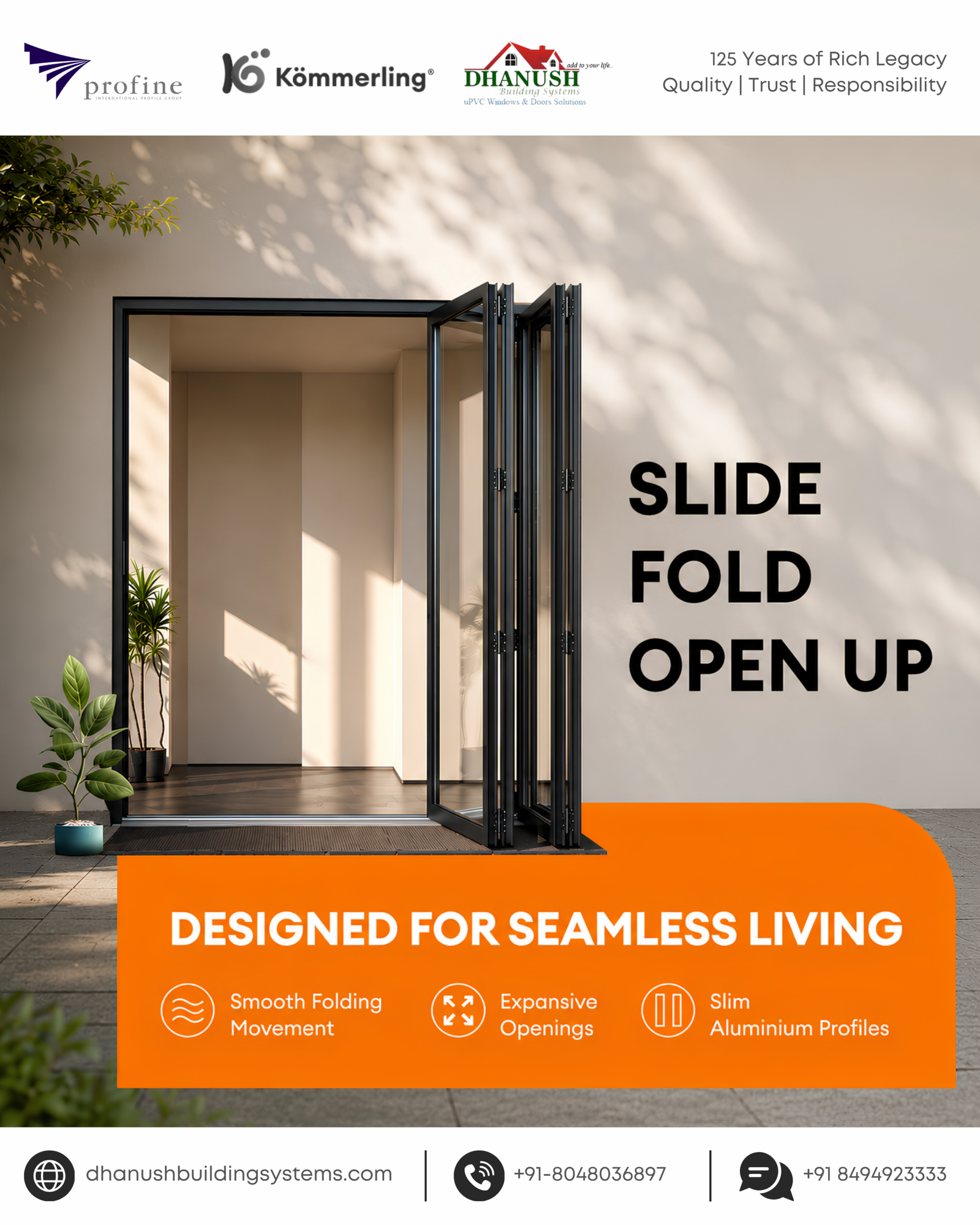 Enhance your home with bi-fold doors from Koemmerling, featuring durable design and precision-engineered operation for luxury living. Koemmerling Aluminum Sliding Folding Systems are designed to create seamless transitions between indoors and outdoors while maintaining smooth operation and architectural elegance.