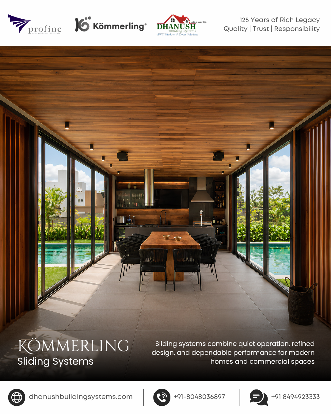 Kömmerling sliding systems combine quiet operation, refined design, and dependable performance for modern homes and commercial spaces. Even with large glazed areas, their stable profiles are engineered to support effortless movement, precise fitting, and enhanced security. With flexible dimensions and sleek visual lines, these sliding systems transform every opening into a statement of comfort, style, and practicality. They allow more natural light into the interior while creating a seamless connection between indoor and outdoor spaces. Key advantages: Smooth and quiet sliding operation. Stable profiles for large glazed areas. Precise fit and reliable performance. Enhanced security for everyday peace of mind. Flexible dimensions for different architectural requirements. Sleek, modern design for contemporary spaces. Improved connection between indoor and outdoor areas. Combines comfort, practicality, and elegant aesthetics. Note: Choose Kömmerling sliding systems for openings that offer more than access- they create brighter, quieter, and more sophisticated living spaces. For more information, contact Dhanush Building Systems, an authorised partner for Kömmerling window, door, and sliding systems.